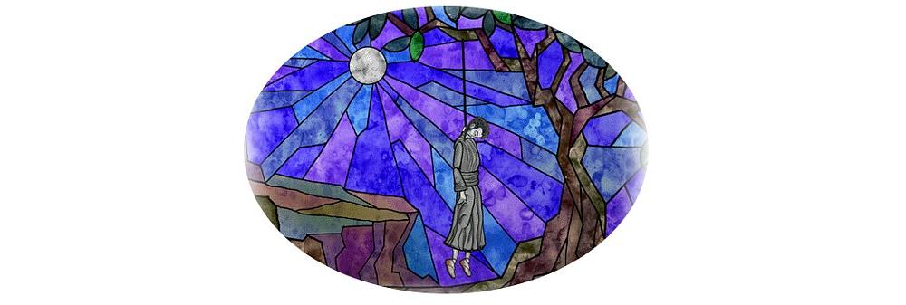 Stained glass window image of Judas Isacariot hanging